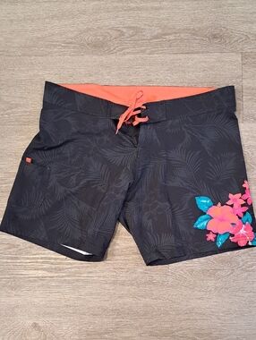 Black Floral Board Shorts with Coral Waistband